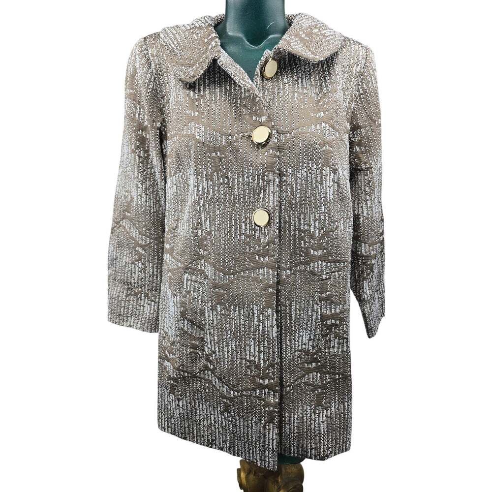 Carmen Marc Valvo Taupe Silver Metallic Jacquard Coat M Mod Old Money 4356
